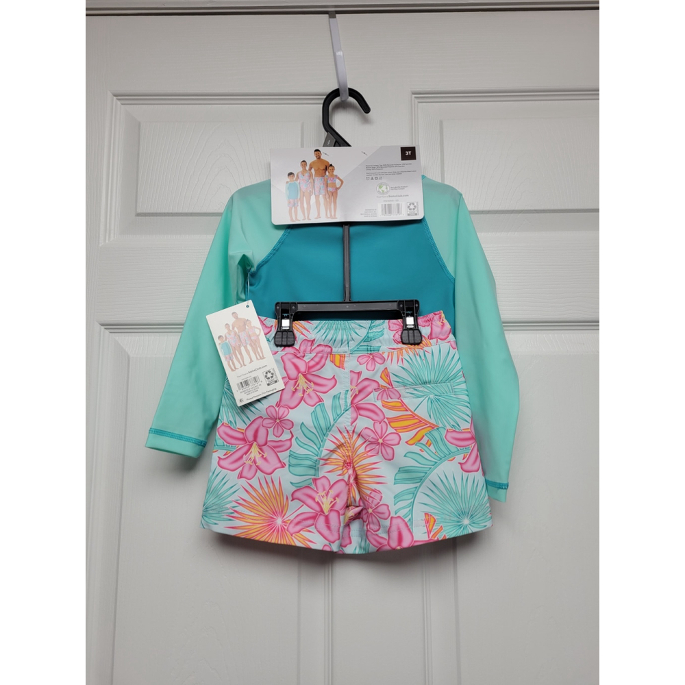 Boys  Two 2 Piece Rashguard Swim Trunk Set Size 3T Blue & Green NWT - Picture 3 of 3